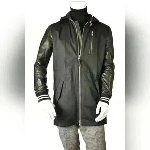 MACKAGE Black Cotton Canvas Leather Mixed Media Coaches 3/4  Jacket Medium